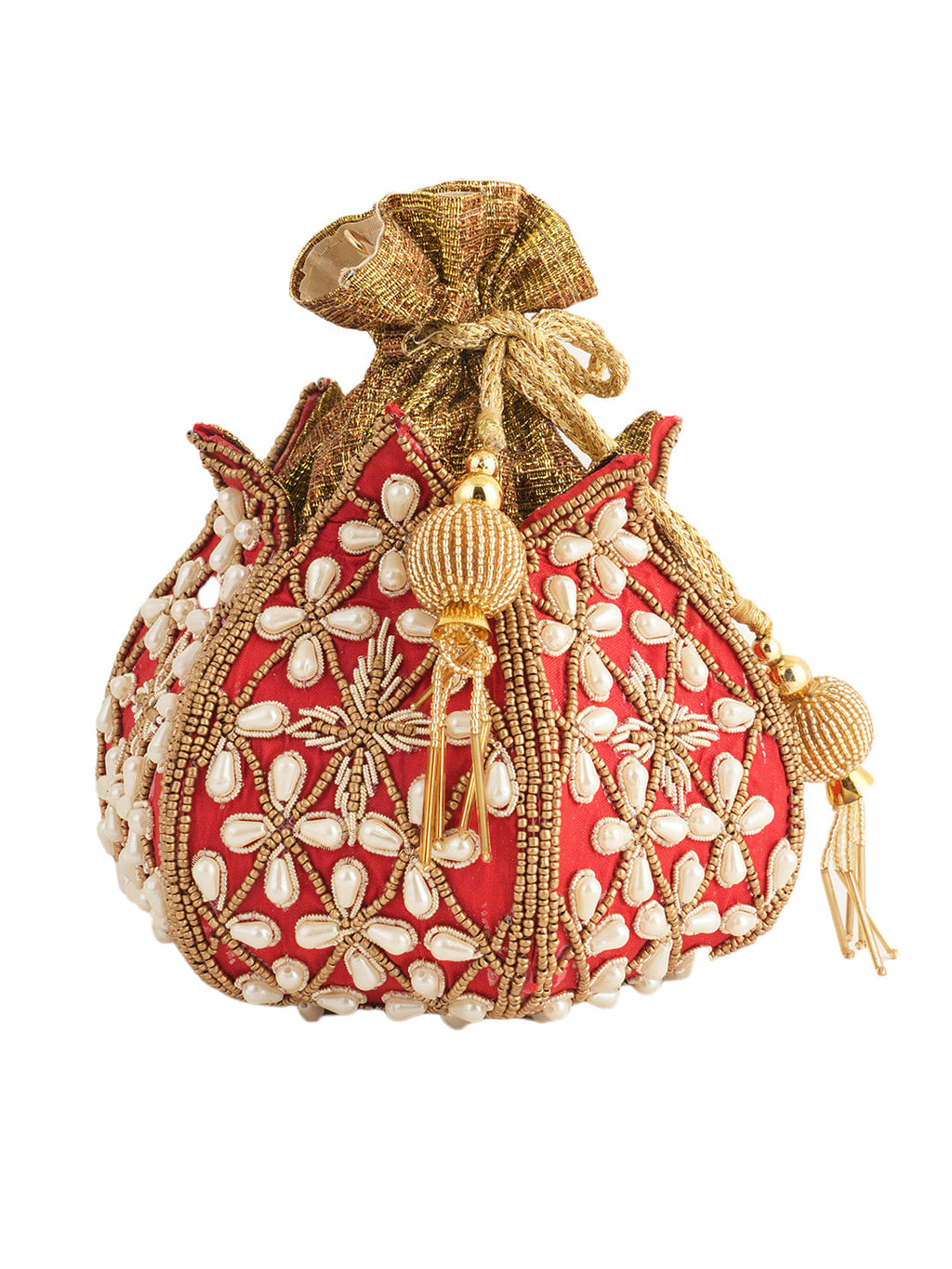 Women Red & Gold Embellished Bridal Potli Bag with Pearl & Beads Work