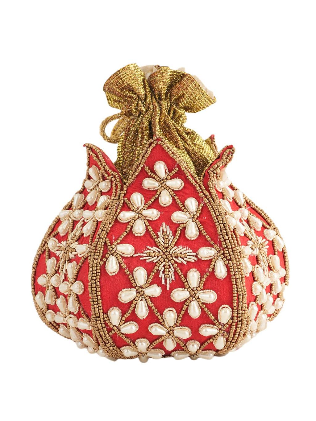 Women Red & Gold Embellished Bridal Potli Bag with Pearl & Beads Work