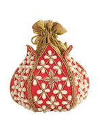 Women Red & Gold Embellished Bridal Potli Bag with Pearl & Beads Work