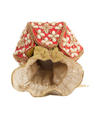 Women Red & Gold Embellished Bridal Potli Bag with Pearl & Beads Work