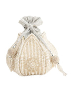 Women Off White Pearl Embellished Potli Bag with Beads Work