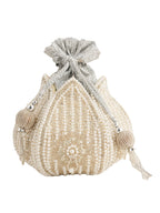 Women Off White Pearl Embellished Potli Bag with Beads Work