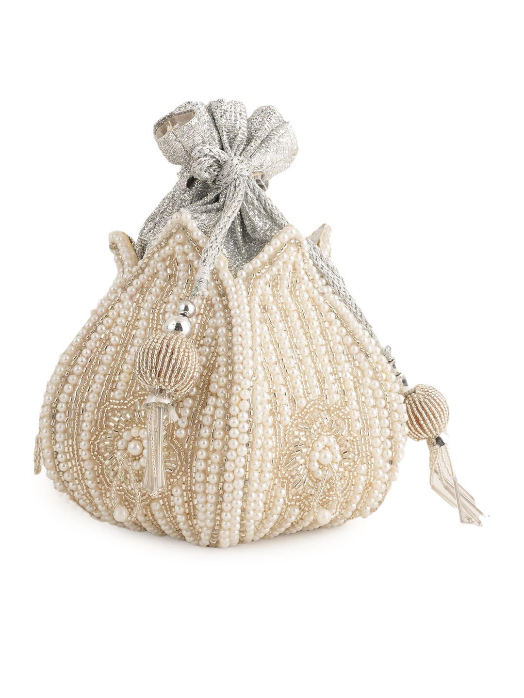 Women Off White Pearl Embellished Potli Bag with Beads Work