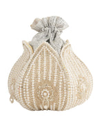 Women Off White Pearl Embellished Potli Bag with Beads Work