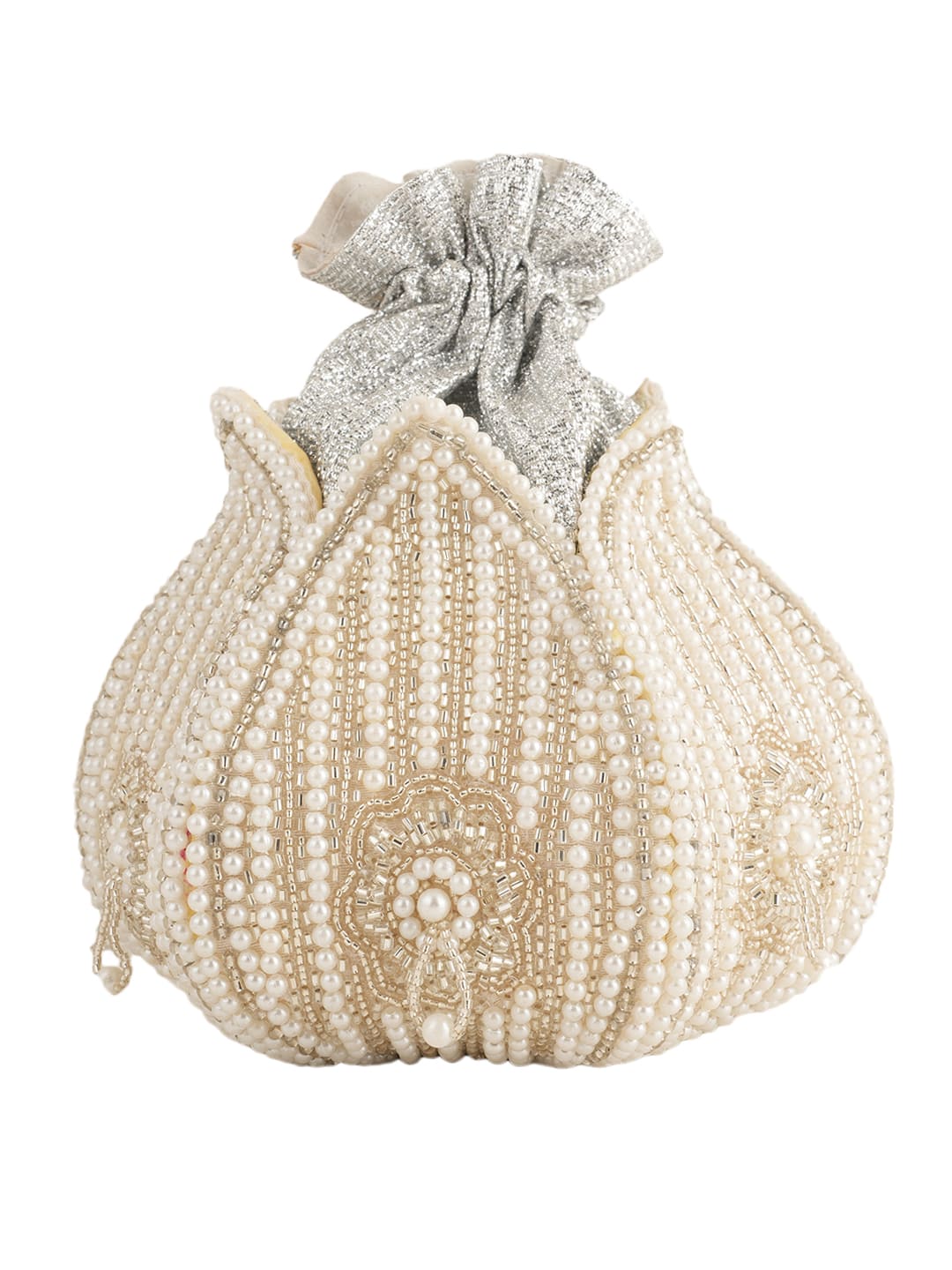Women Off White Pearl Embellished Potli Bag with Beads Work