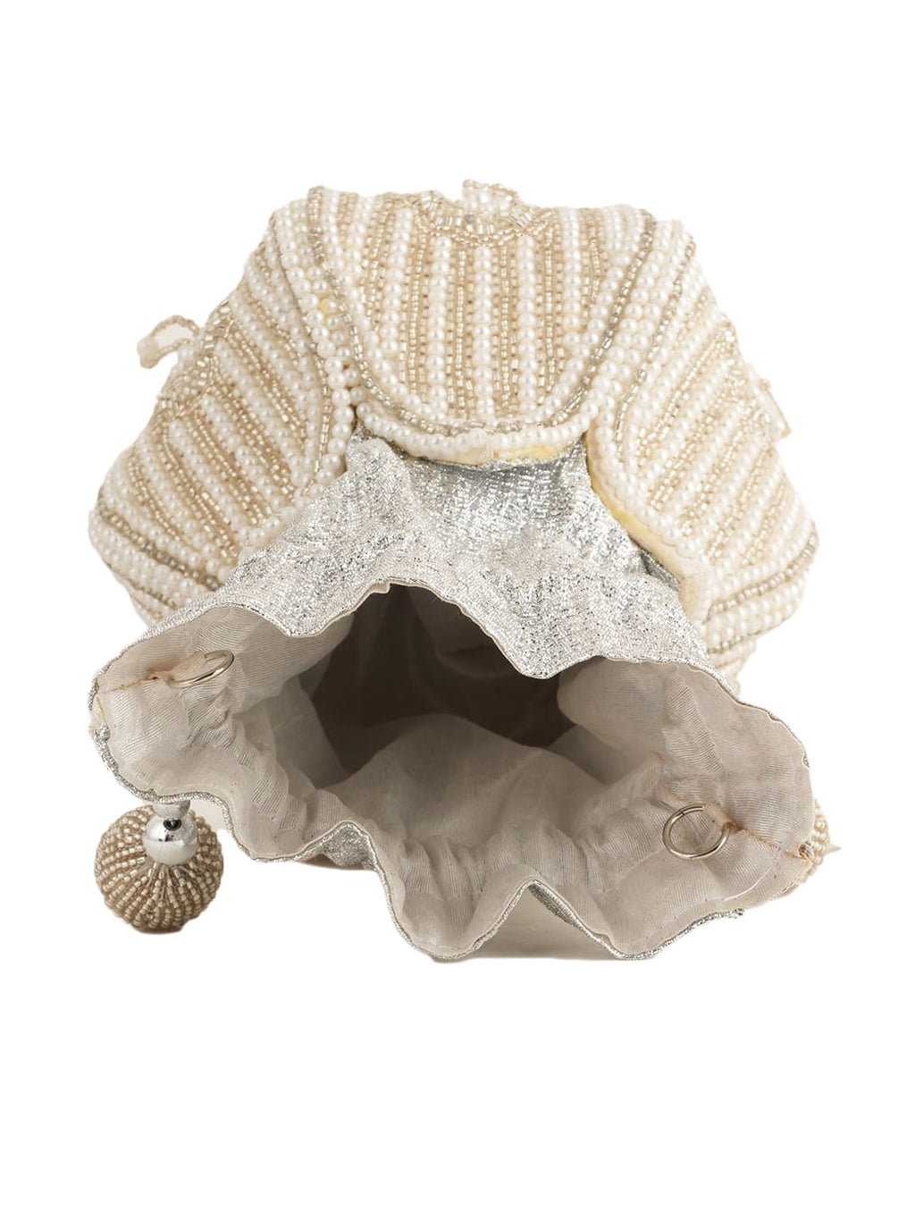 Women Off White Pearl Embellished Potli Bag with Beads Work