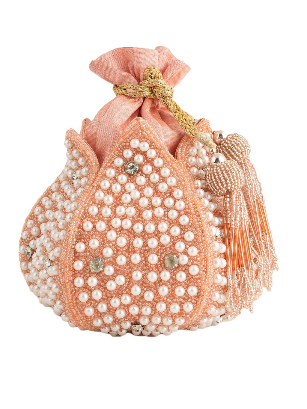 Women Peach Pearl Embellished Potli Bag with Beads & Stone Work