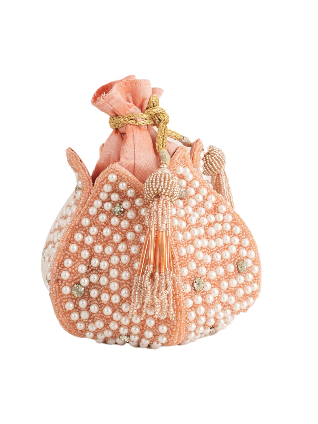 Women Peach Pearl Embellished Potli Bag with Beads & Stone Work