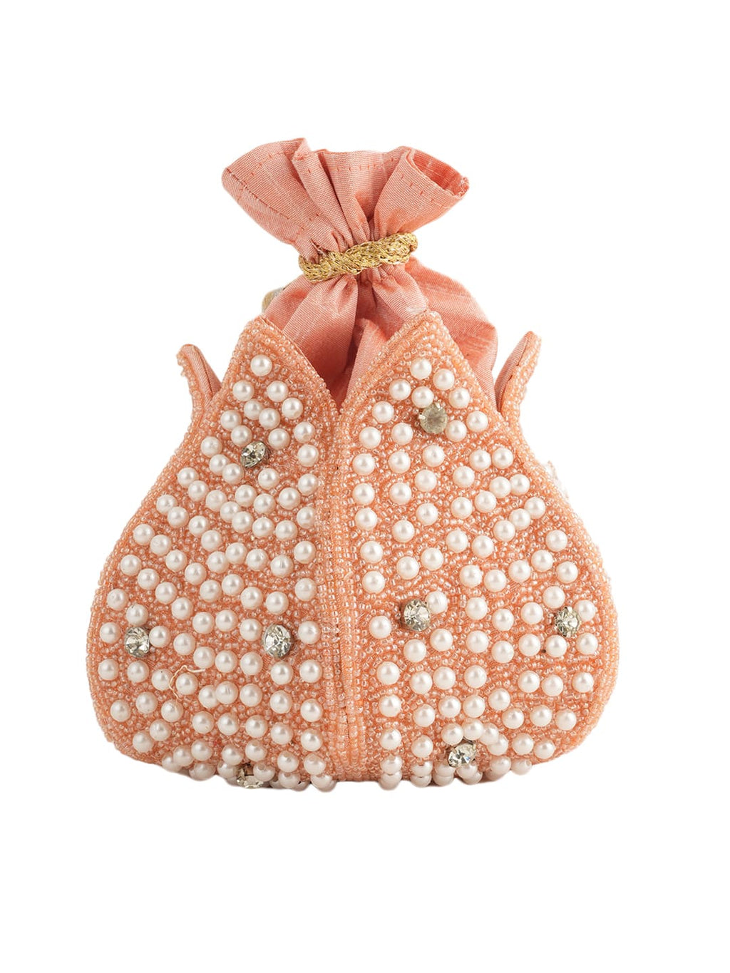 Women Peach Pearl Embellished Potli Bag with Beads & Stone Work