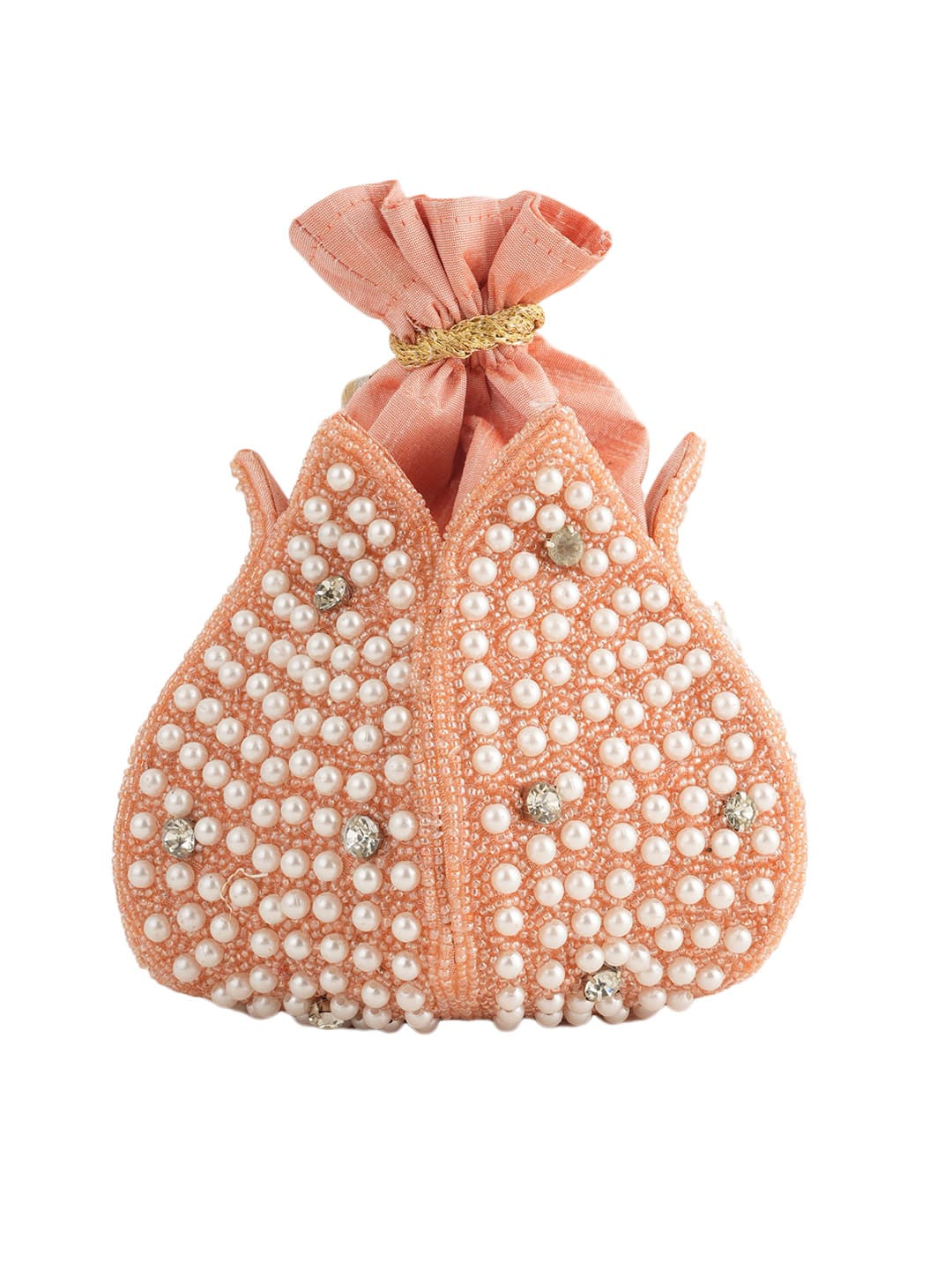 Women Peach Pearl Embellished Potli Bag with Beads & Stone Work