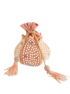 Women Peach Pearl Embellished Potli Bag with Beads & Stone Work