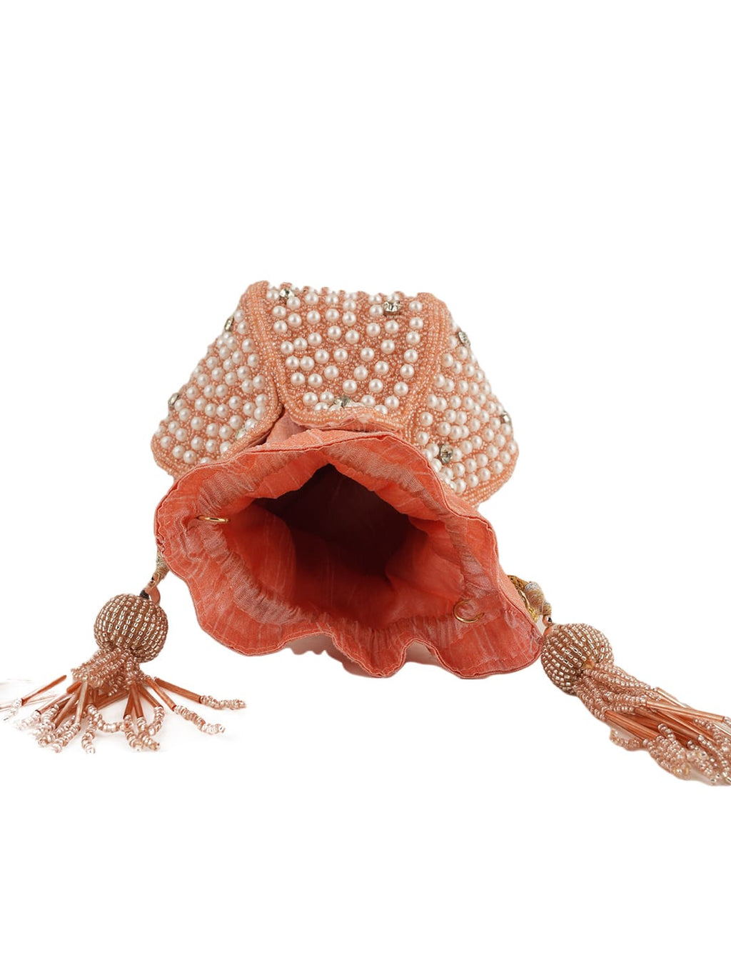 Women Peach Pearl Embellished Potli Bag with Beads & Stone Work