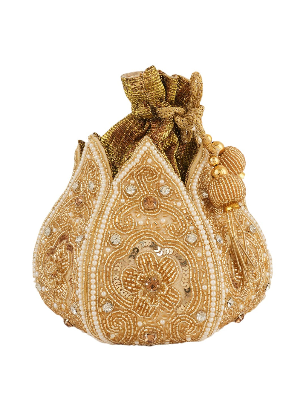 Women Gold Embellished Bridal Potli Bag with Beads, Pearls & Sequin Work