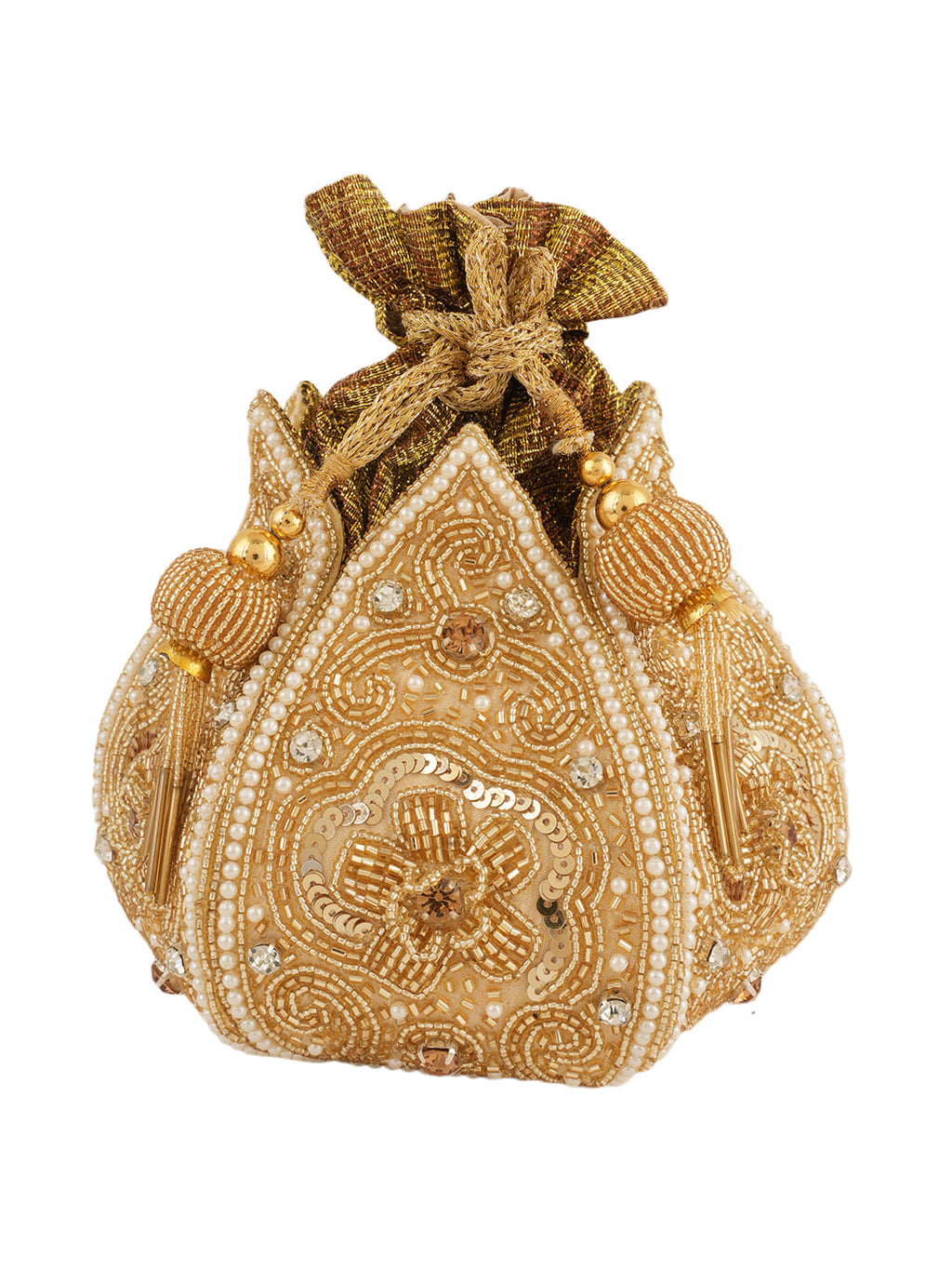 Women Gold Embellished Bridal Potli Bag with Beads, Pearls & Sequin Work