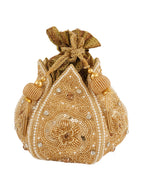 Women Gold Embellished Bridal Potli Bag with Beads, Pearls & Sequin Work
