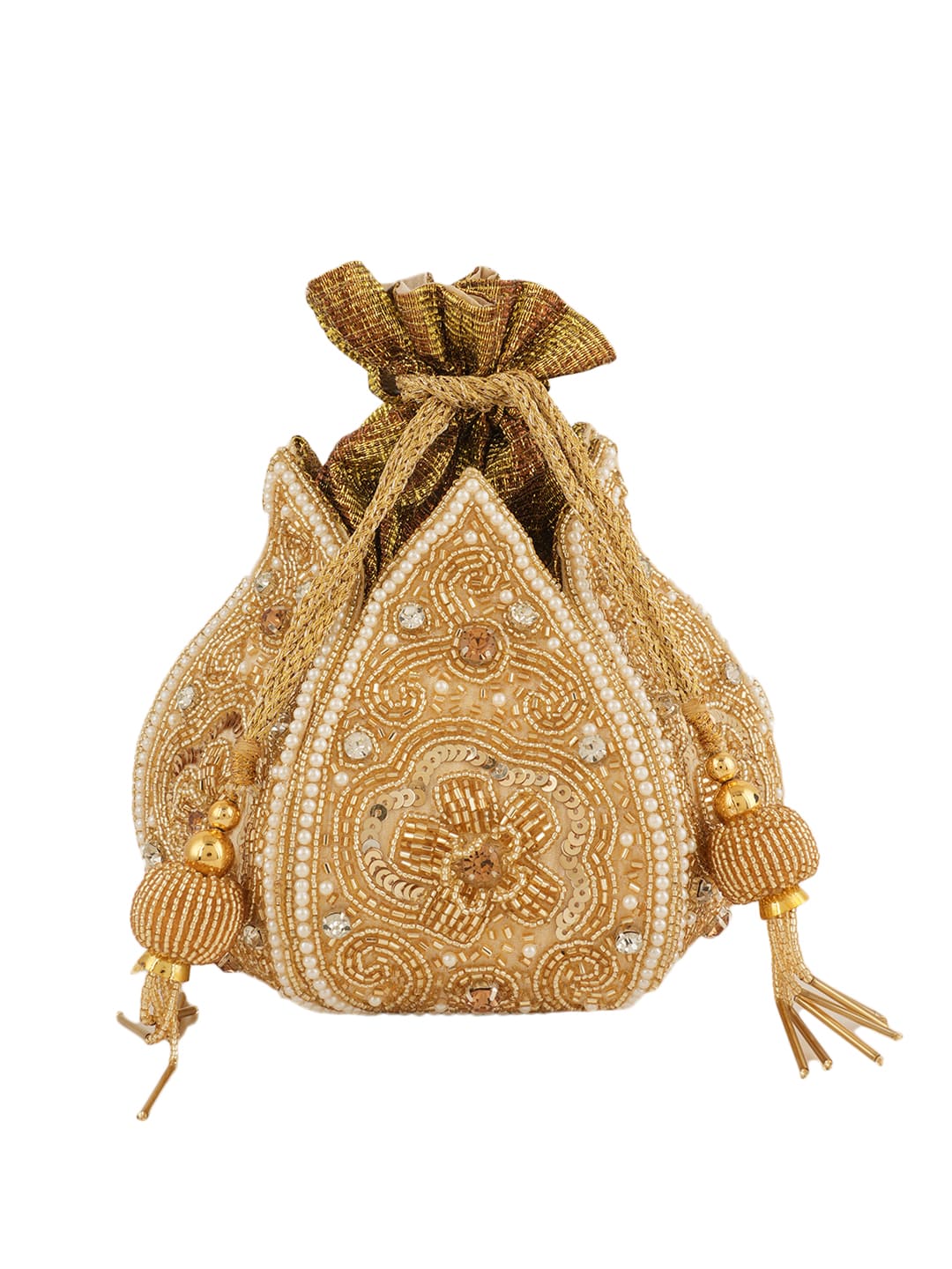 Women Gold Embellished Bridal Potli Bag with Beads, Pearls & Sequin Work