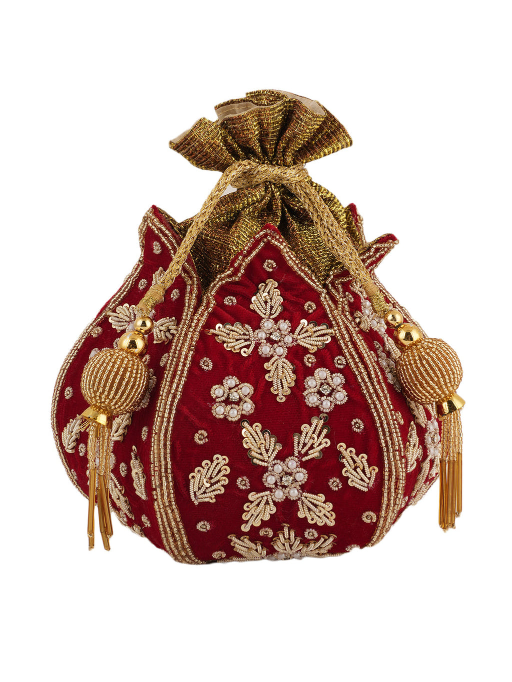 Women Red Velvet Embroidered Bridal Potli Bag with Zari & Beads Work