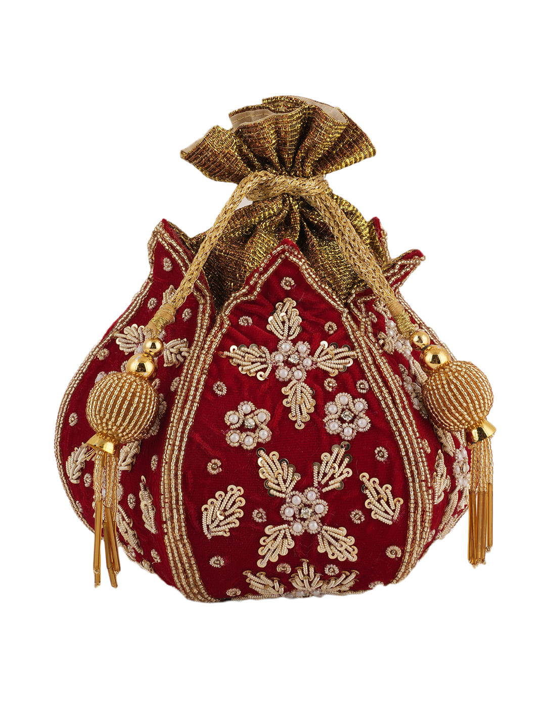 Women Red Velvet Embroidered Bridal Potli Bag with Zari & Beads Work