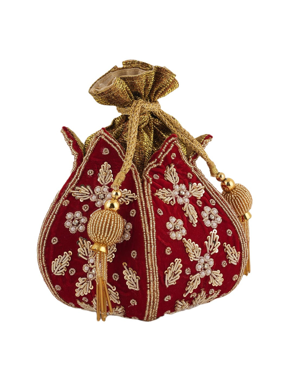 Women Red Velvet Embroidered Bridal Potli Bag with Zari & Beads Work