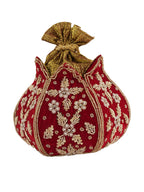 Women Red Velvet Embroidered Bridal Potli Bag with Zari & Beads Work