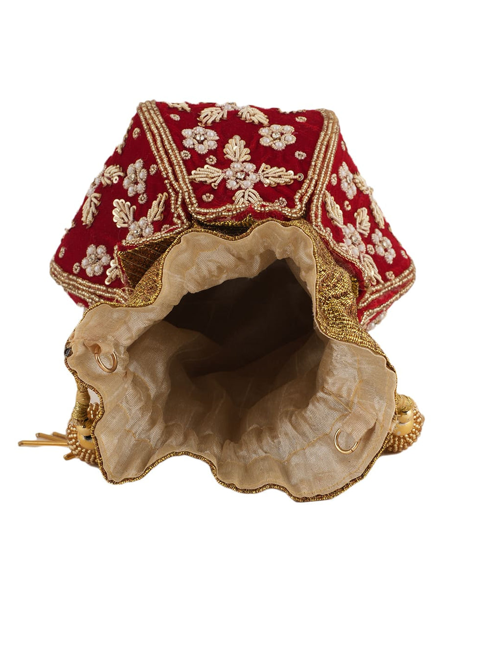 Women Red Velvet Embroidered Bridal Potli Bag with Zari & Beads Work