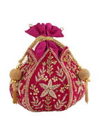 Women Pink Embroidered Bridal Potli Bag with Zari, Sequins & Beads Work