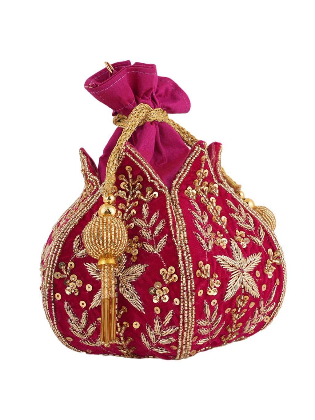 Women Pink Embroidered Bridal Potli Bag with Zari, Sequins & Beads Work
