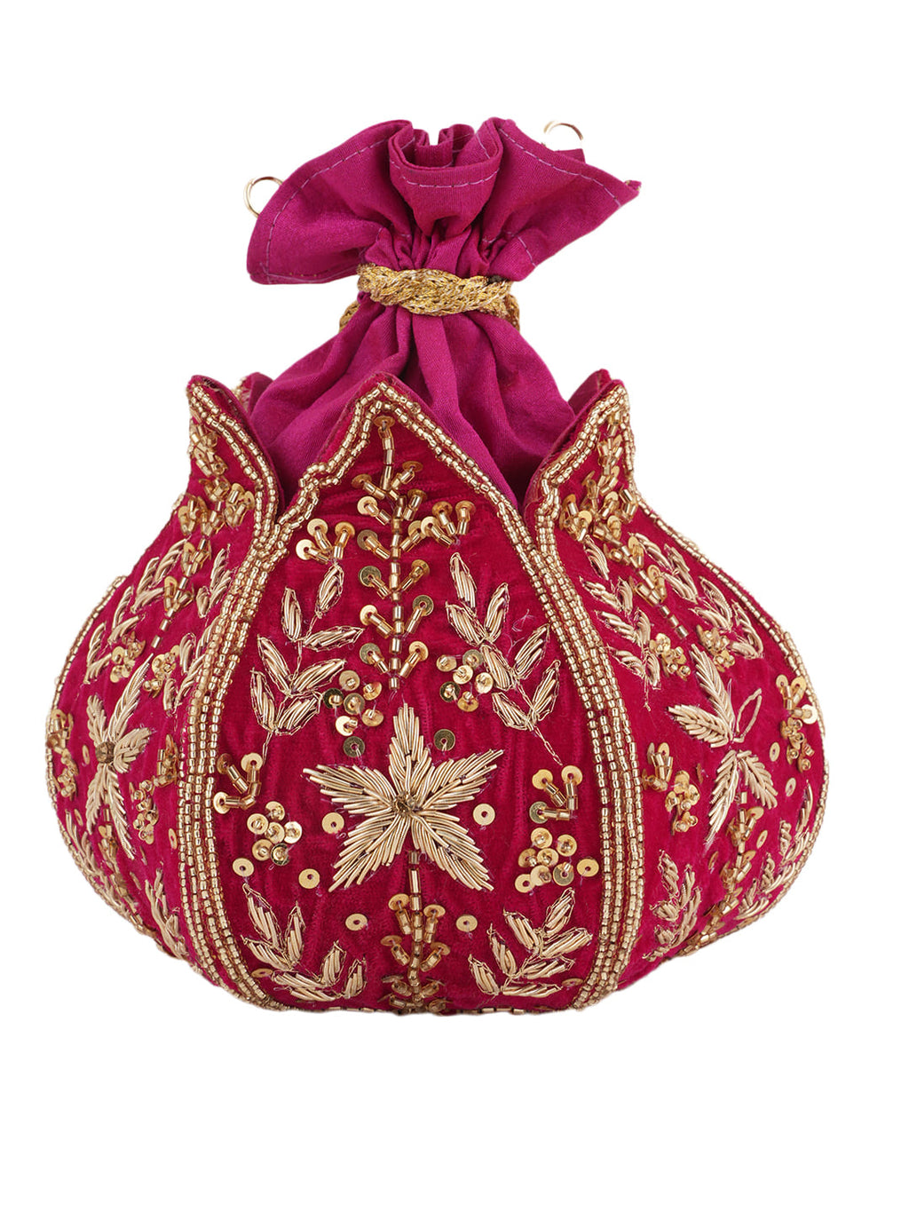 Women Pink Embroidered Bridal Potli Bag with Zari, Sequins & Beads Work