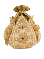 Women Cream Gold Embellished Bridal Potli Bag with Pearls, Beads & Zari Work