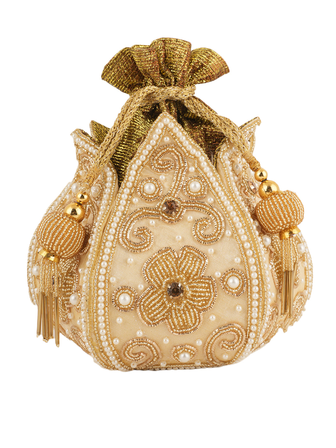 Women Cream Gold Embellished Bridal Potli Bag with Pearls, Beads & Zari Work