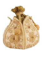 Women Cream Gold Embellished Bridal Potli Bag with Pearls, Beads & Zari Work