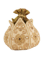 Women Cream Gold Embellished Bridal Potli Bag with Pearls, Beads & Zari Work