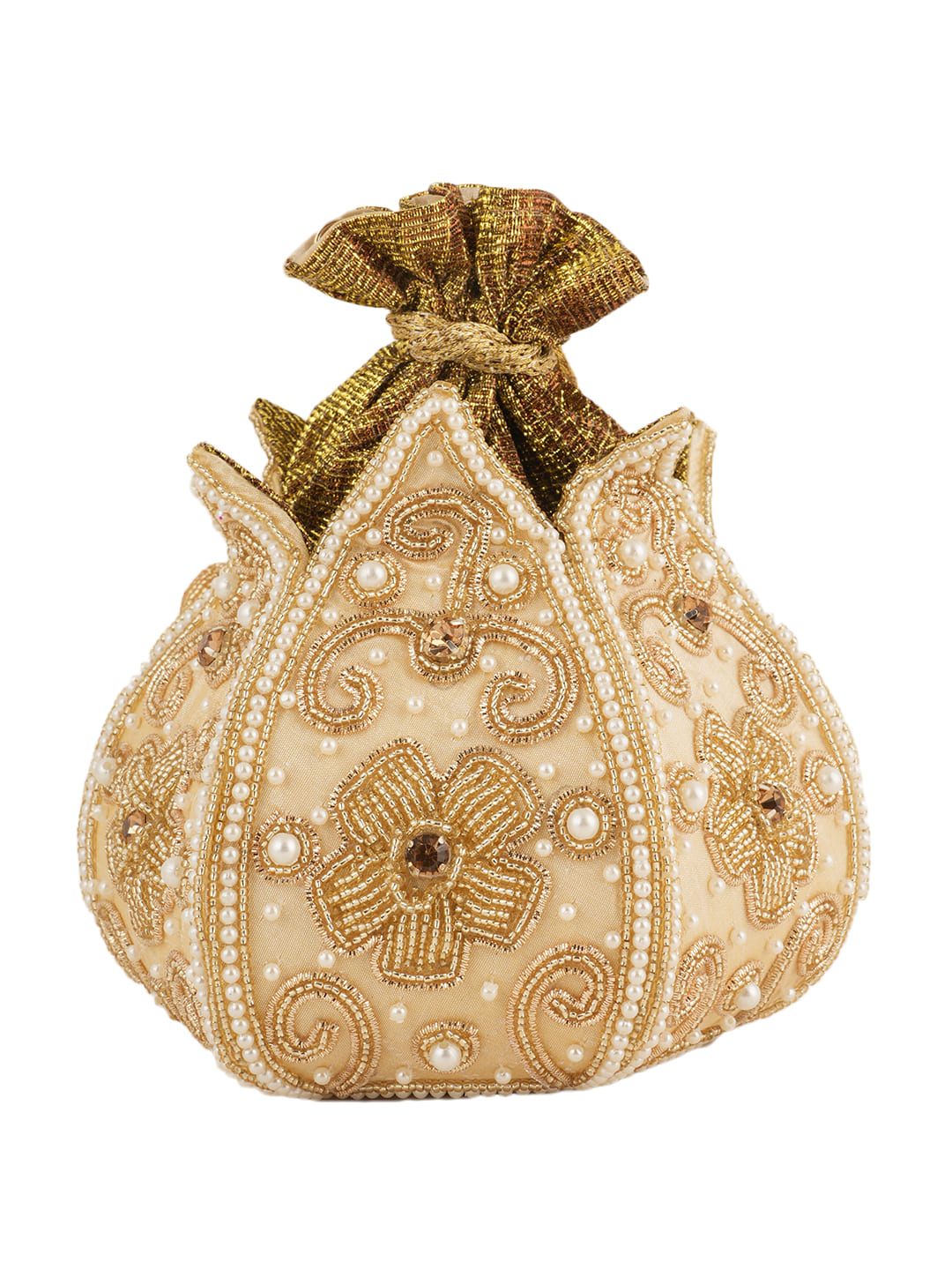 Women Cream Gold Embellished Bridal Potli Bag with Pearls, Beads & Zari Work