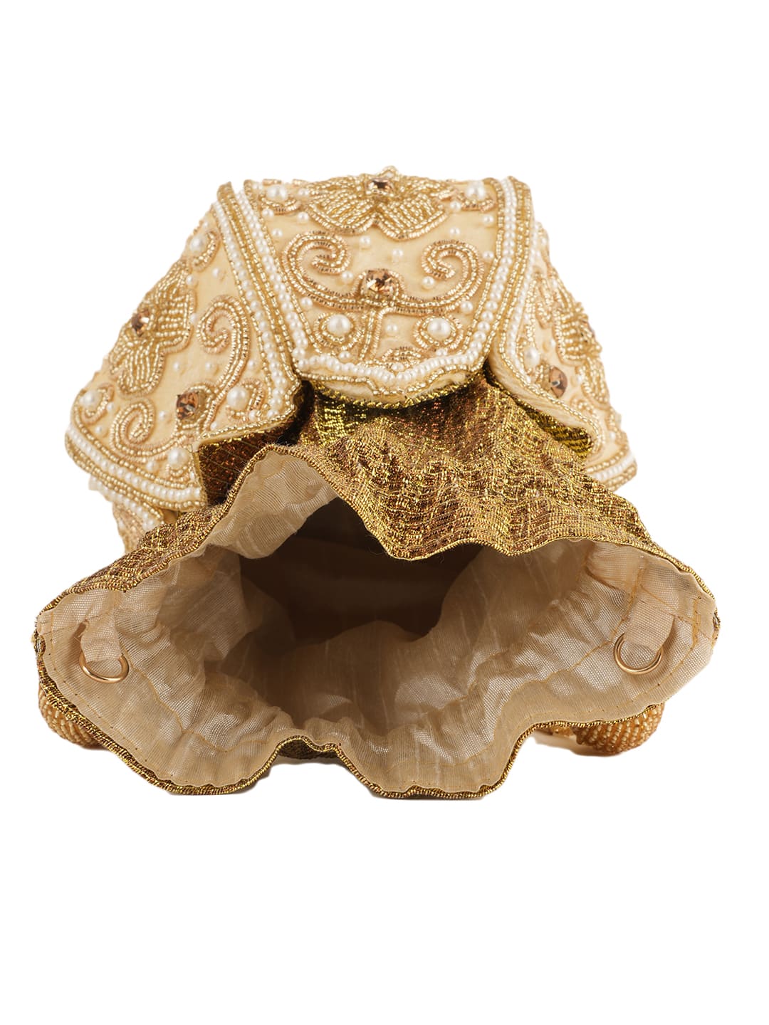 Women Cream Gold Embellished Bridal Potli Bag with Pearls, Beads & Zari Work