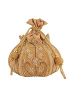 Women Beige Embroidered Bridal Potli Bag with Beads, Pearls & Zari Work