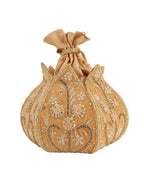Women Beige Embroidered Bridal Potli Bag with Beads, Pearls & Zari Work