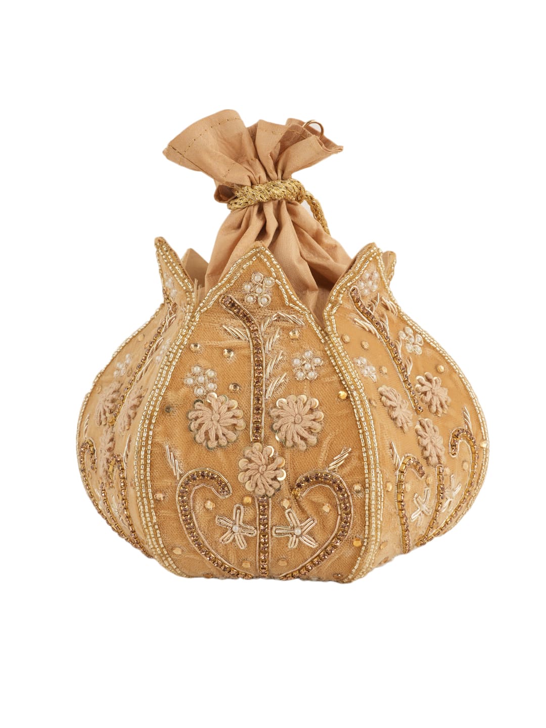 Women Beige Embroidered Bridal Potli Bag with Beads, Pearls & Zari Work