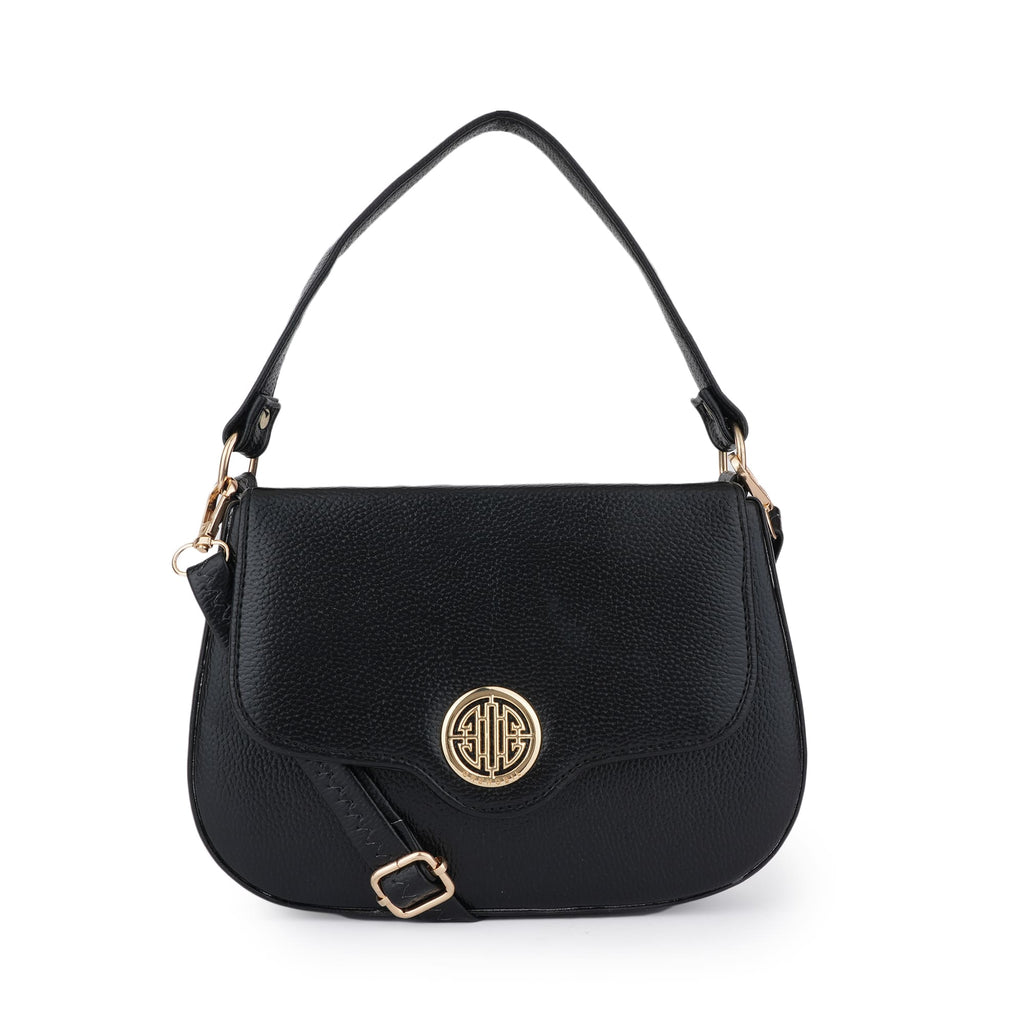 Women Black Textured Shoulder Bag with Adjustable Sling Strap